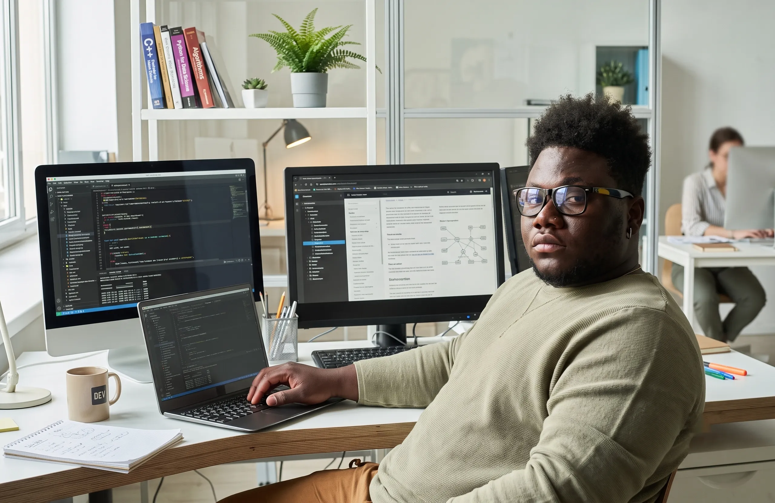 A developer at a desk with a laptop and two monitors in a bright open-plan office.
